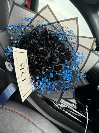 Black Roses + Blue Baby Breath Combo