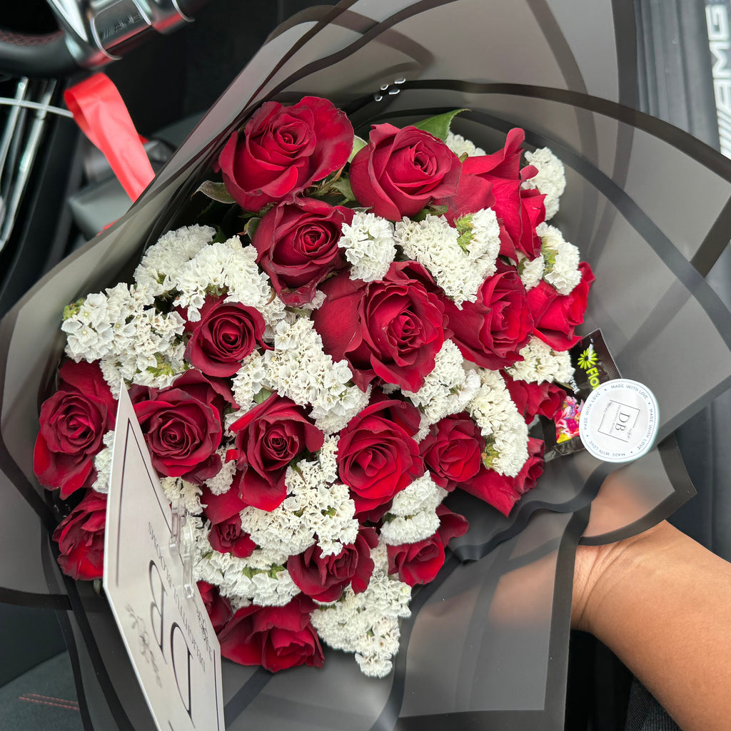 40 Red roses with white latisfolia