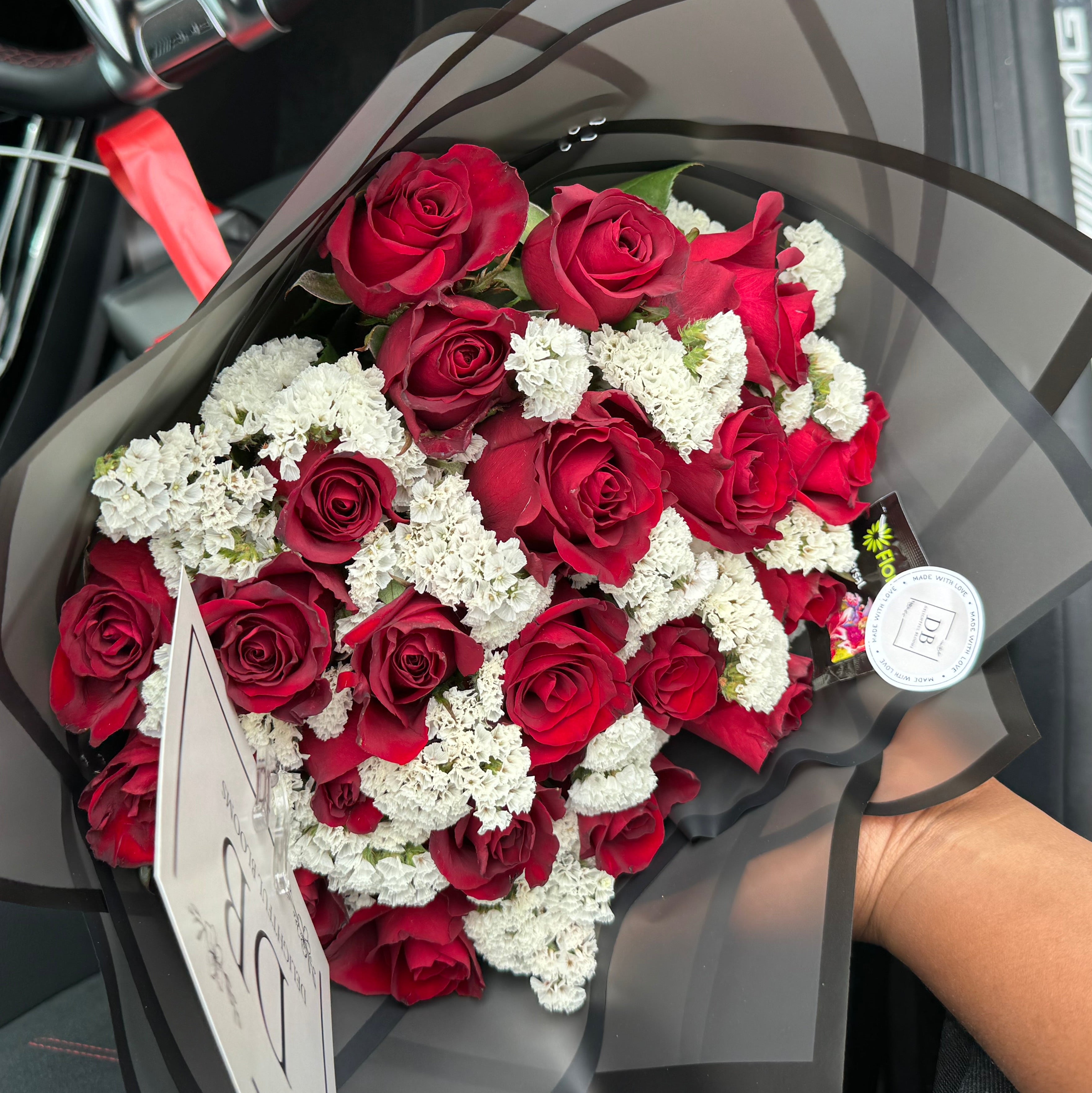 40 Red roses with white latisfolia