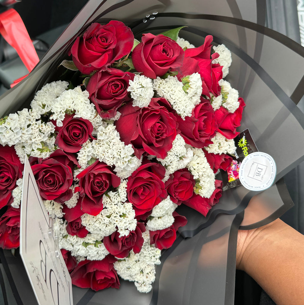 40 Red roses with white latisfolia