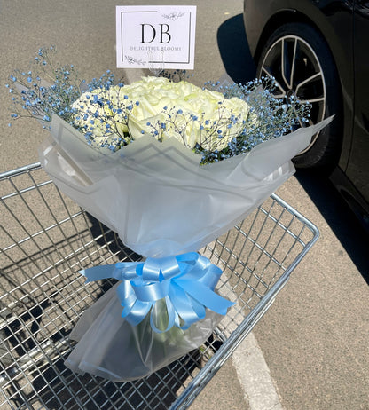 White  Roses + Blue Baby Breath Combo