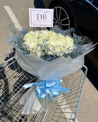 White  Roses + Blue Baby Breath Combo