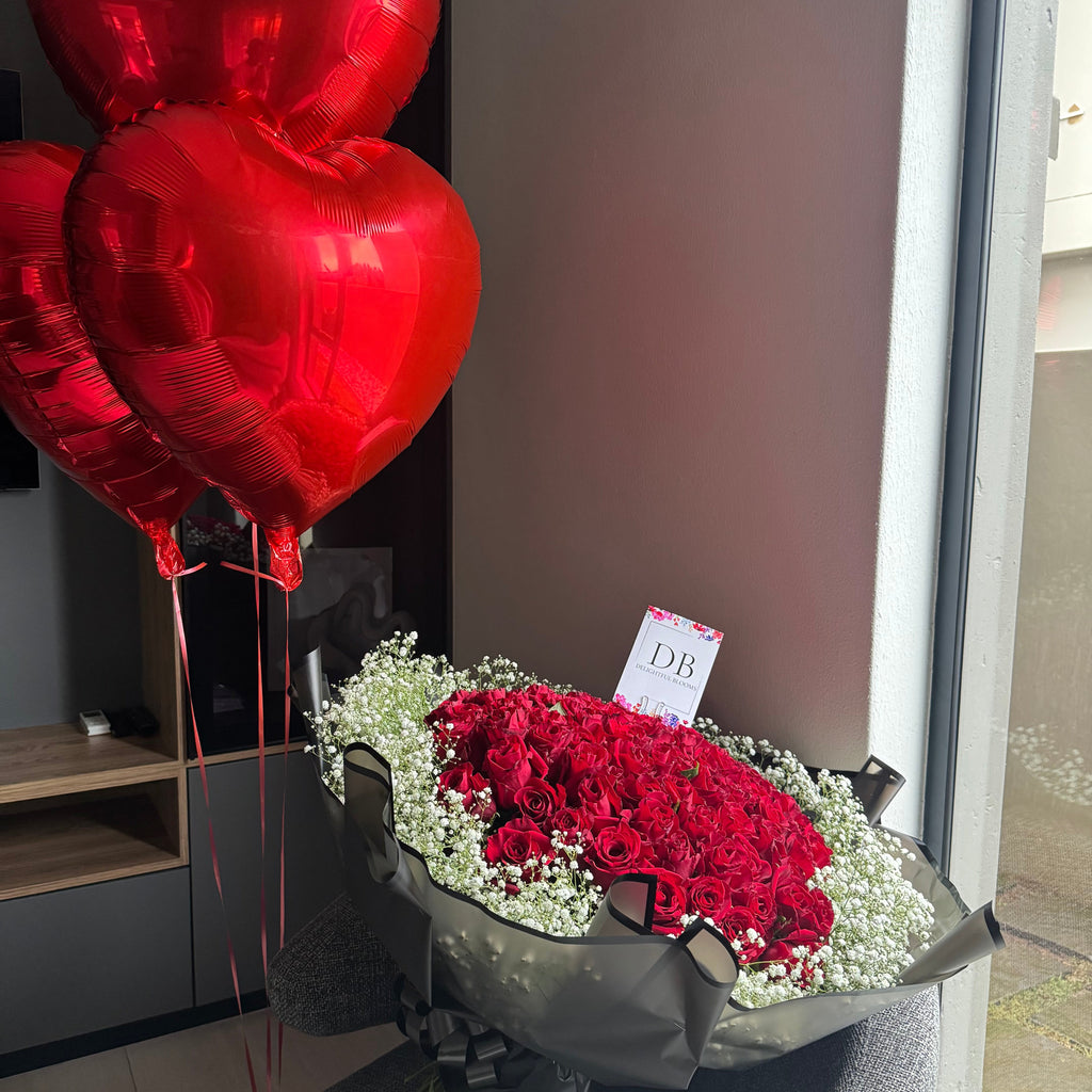 80 Red Roses with Baby’s Breath & 3 Heart Balloons
