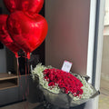80 Red Roses with Baby’s Breath & 3 Heart Balloons